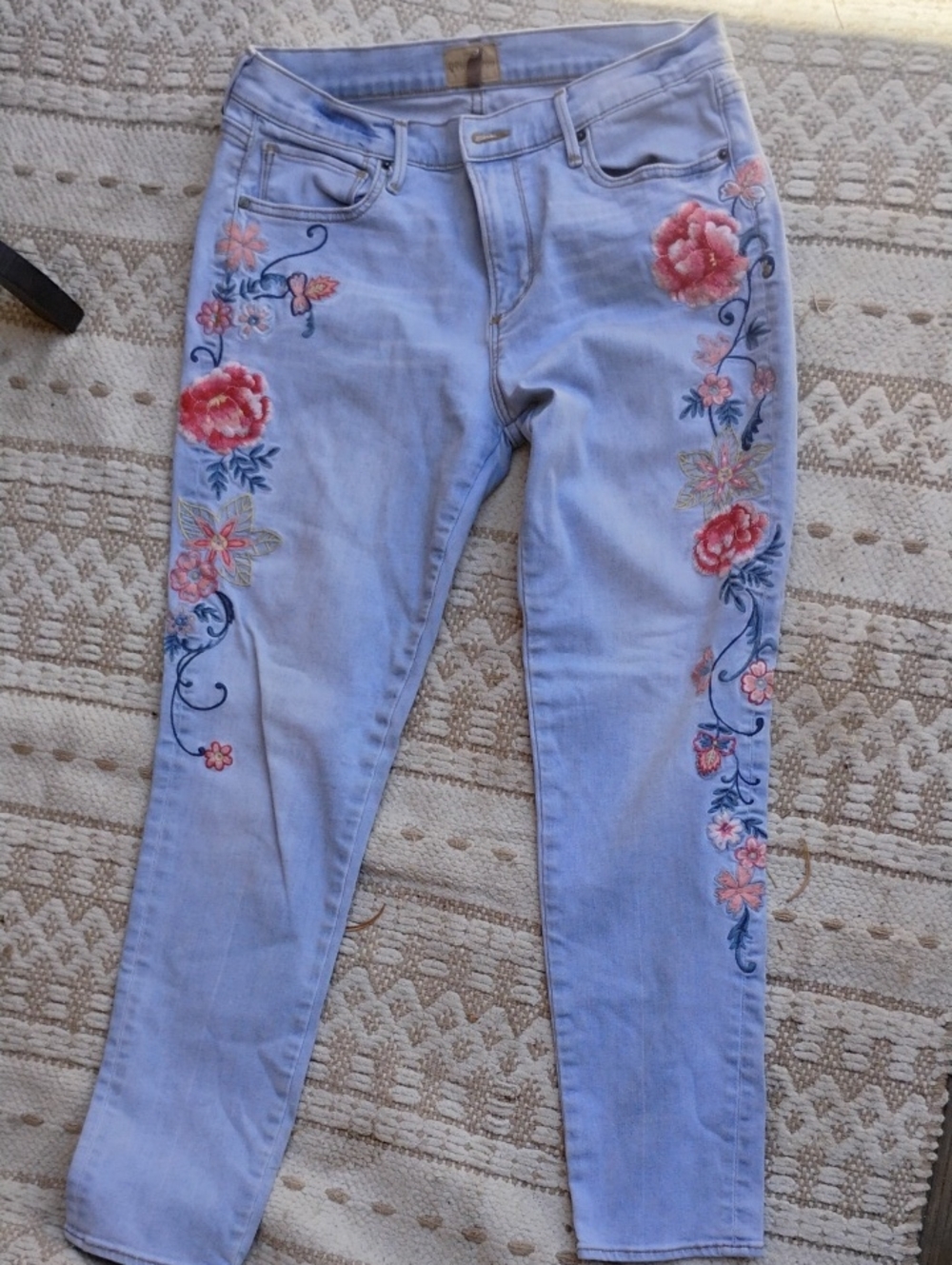 DRIFTWOOD Light Blue Skinny Jeans with Pink Floral Embroidery